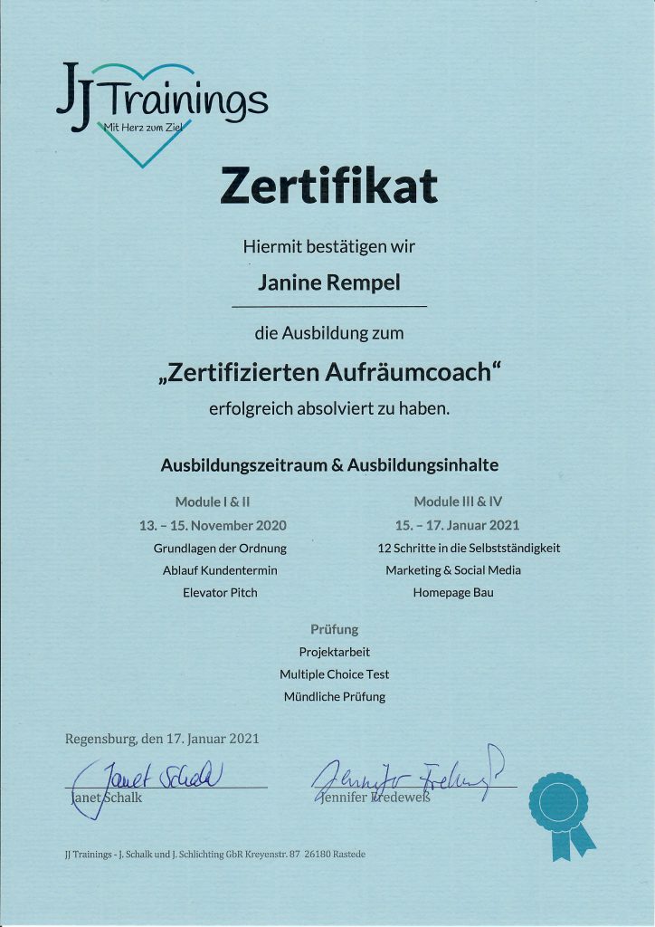 Zertifikat "Zertifizierter Aufräumcoach"